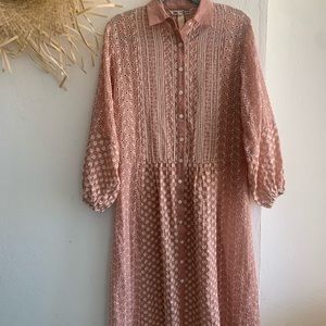 Zara embroidered pink & cream dress balloon sleeve shirt midi dress